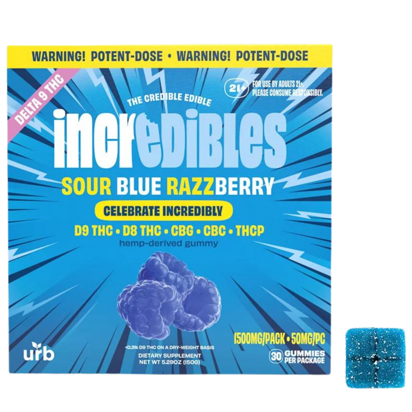 Incredibles 50mg Sour Blue Razzberry Gummies