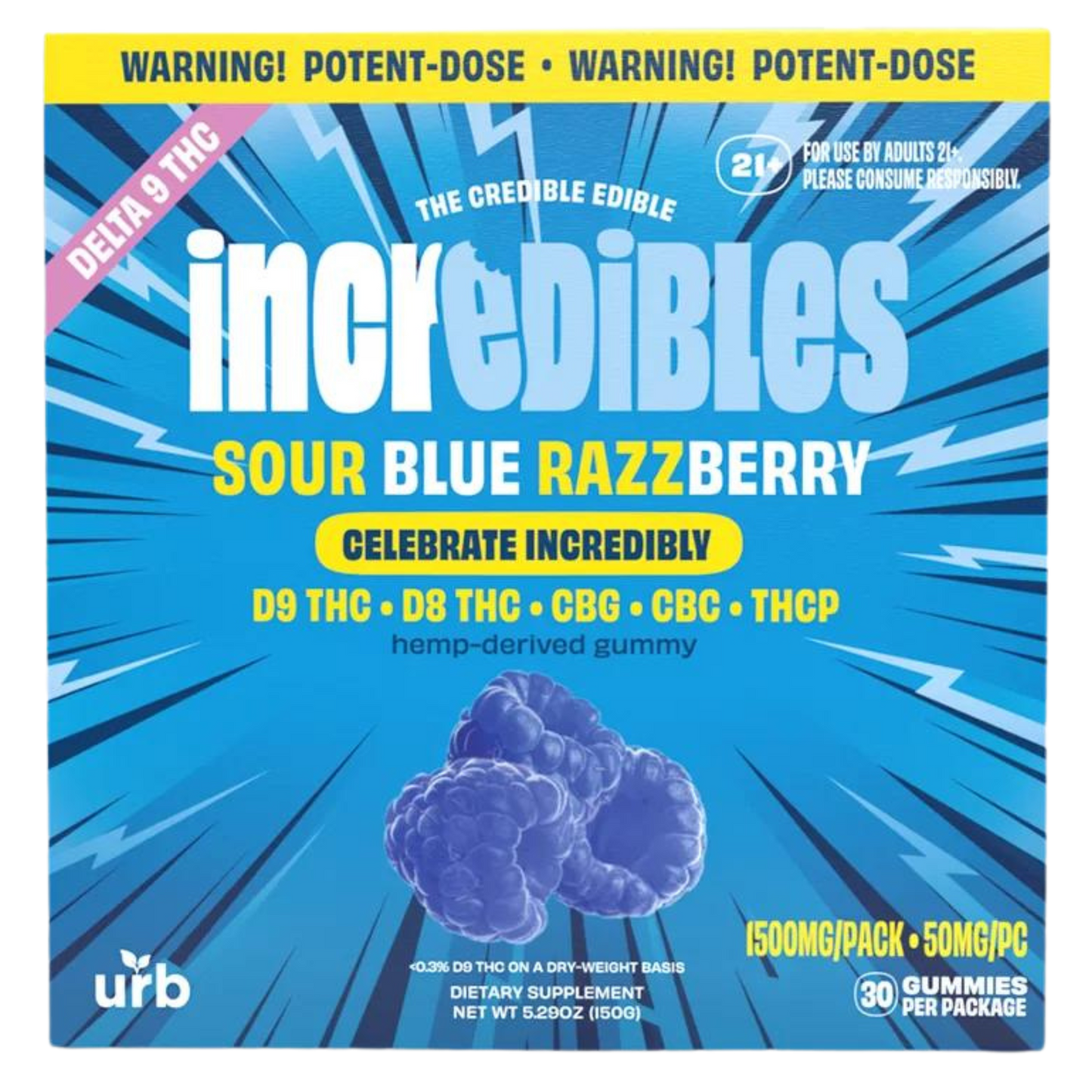 Incredibles 50mg Sour Blue Razzberry Gummies